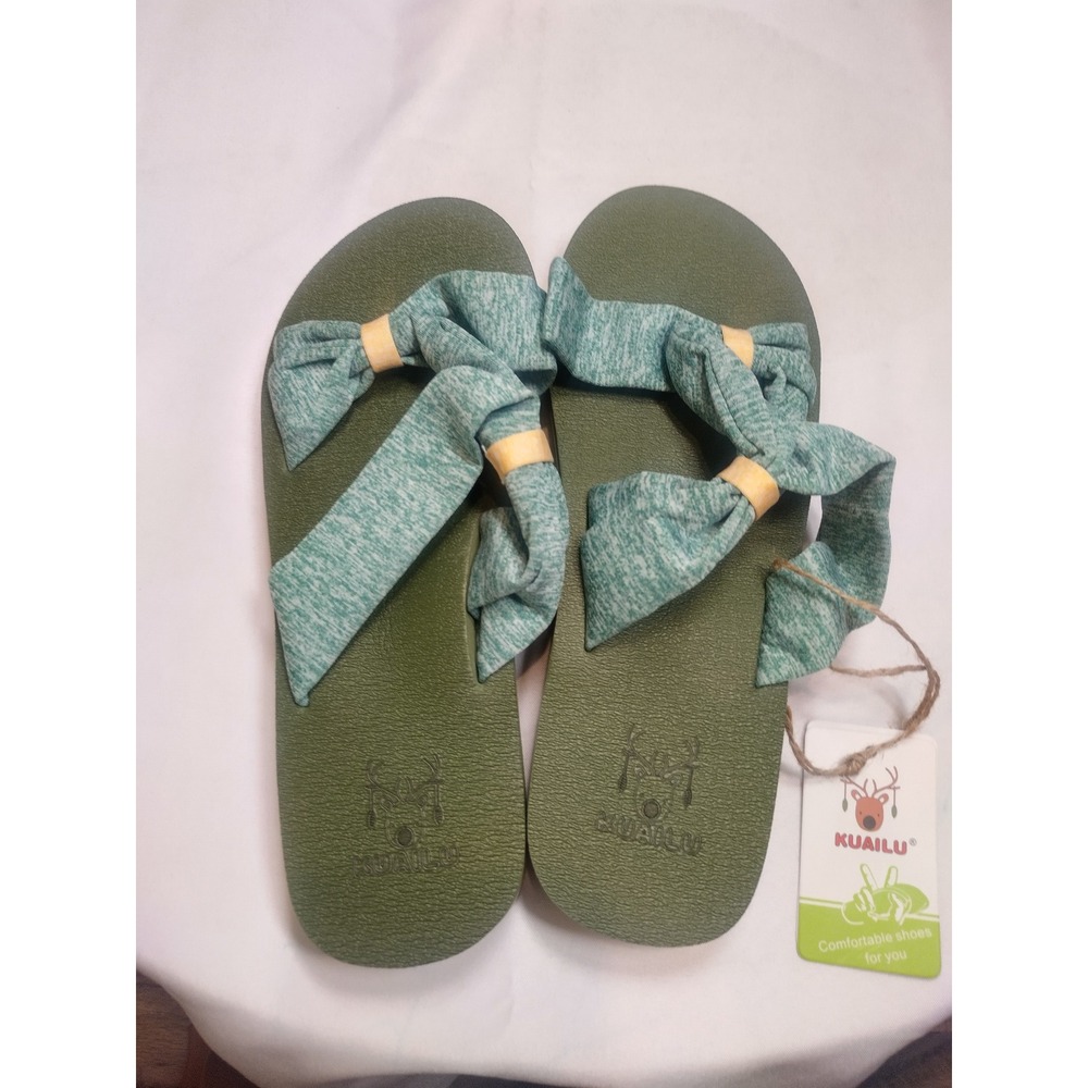 Kuailu Yoga Mat Flip Flops Womens 10 Sage Green Teal Fabric Knot Strap Sandals - Picture 3 of 6